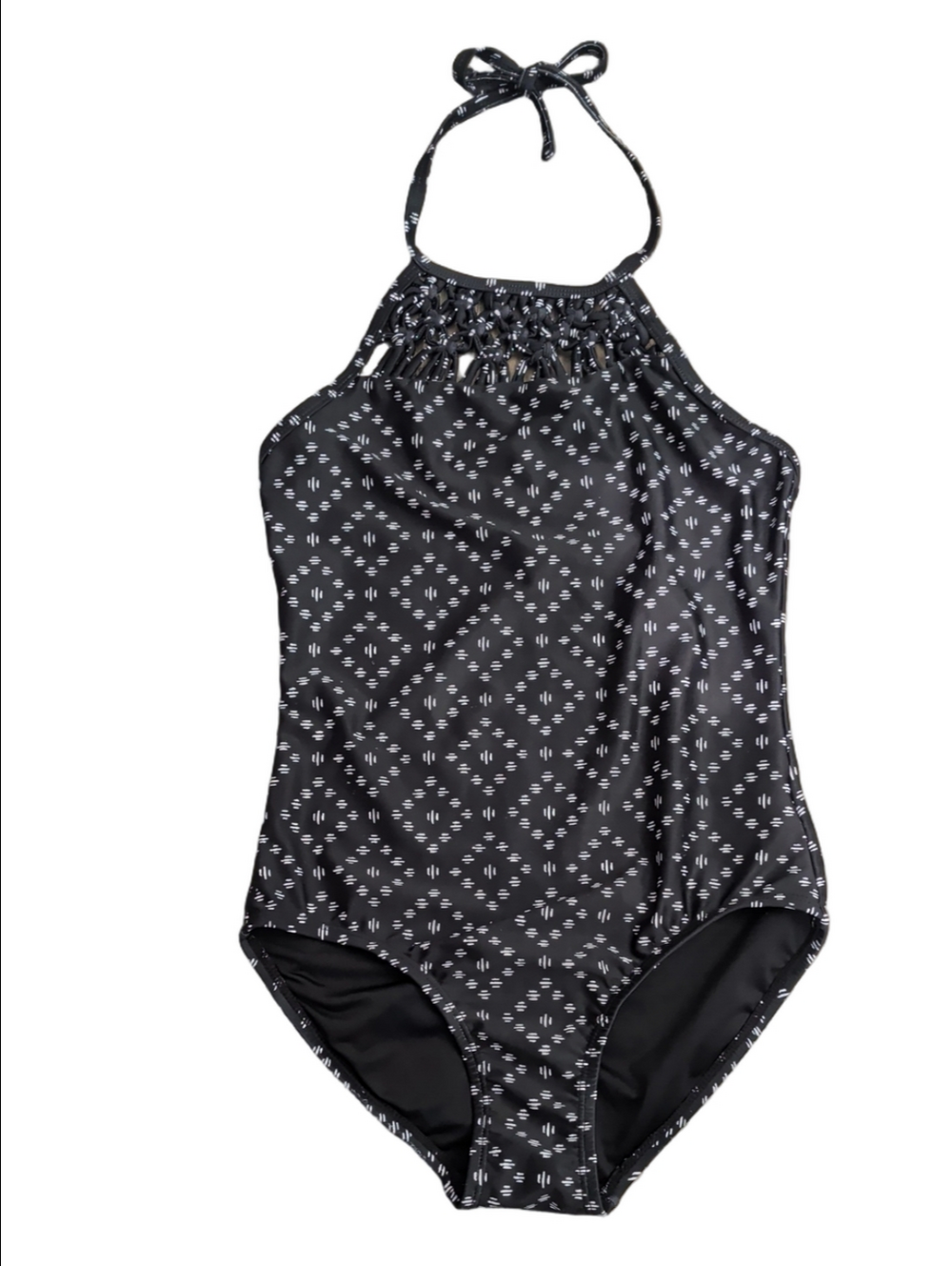 Old Navy Girls Size L 10-12 Black White Geometric Halter One Piece Swimsuit